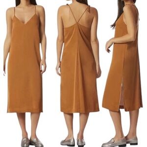 Avec Les Filles Elegant Camel/Tan Slip Dress + Side Zipper Hem Detail Sz. Medium